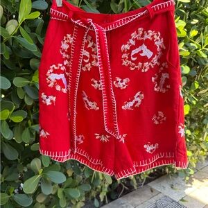 Red Floral Embroidered Tie-Waist Women's Bermuda Shorts Small